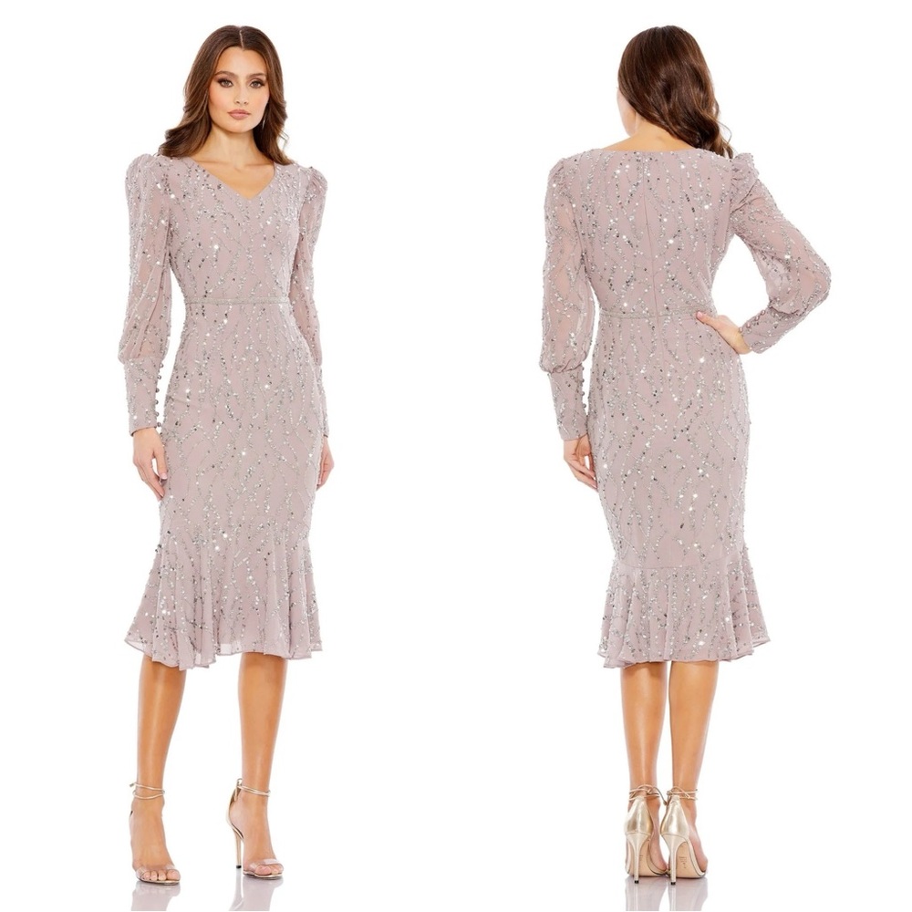 Mac Duggal 10767 Ruffle Hem Bishop Sleeve Dress NWT Lilac Lavender